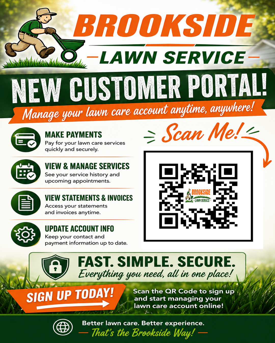 Brookside Lawn Service New Customer Portal — manage your account, make payments, view invoices
