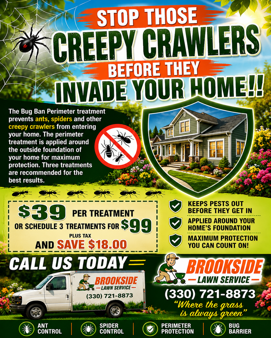 Stop Those Creepy Crawlers — Brookside Lawn Service Bug Ban Perimeter Treatment flyer