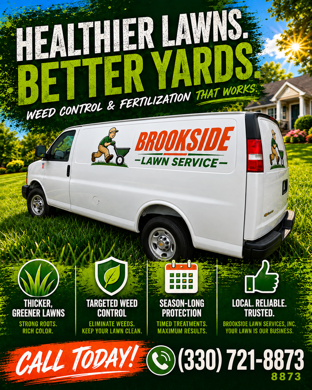 Healthier Lawns. Better Yards. — Brookside Lawn Service van on green lawn with weed control and fertilization that works
