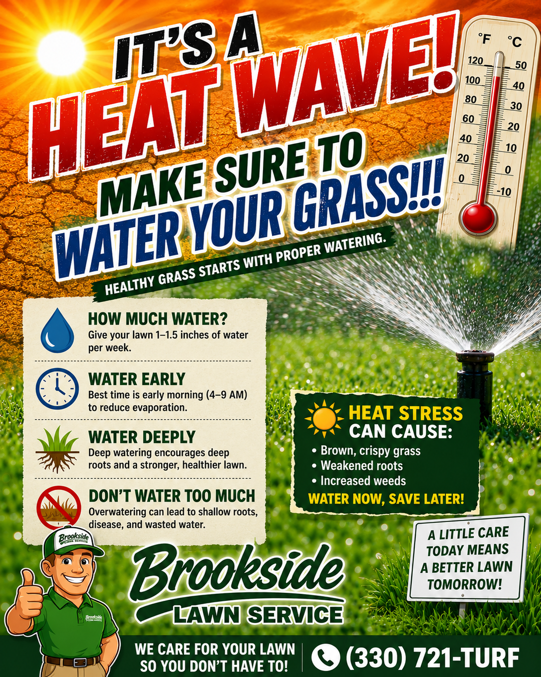 It's A Heat Wave! Make Sure To Water Your Grass — Brookside Lawn Service summer watering tips infographic