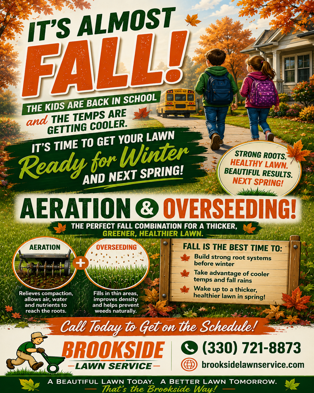 It's Almost Fall! — Brookside Lawn Service aeration and overseeding fall lawn care tips flyer