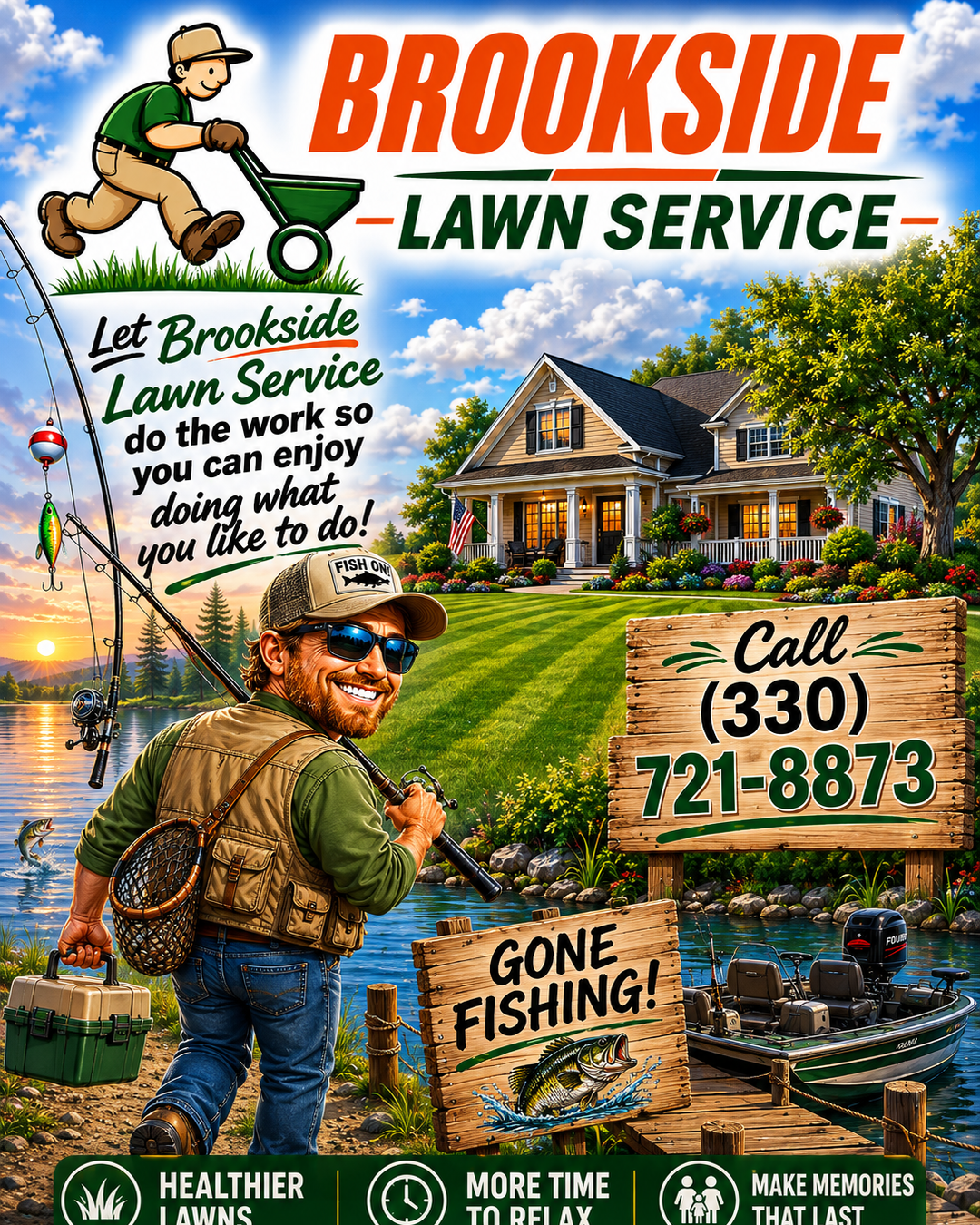 Let Brookside Lawn Service do the work so you can enjoy doing what you like to do — Gone Fishing promotional flyer