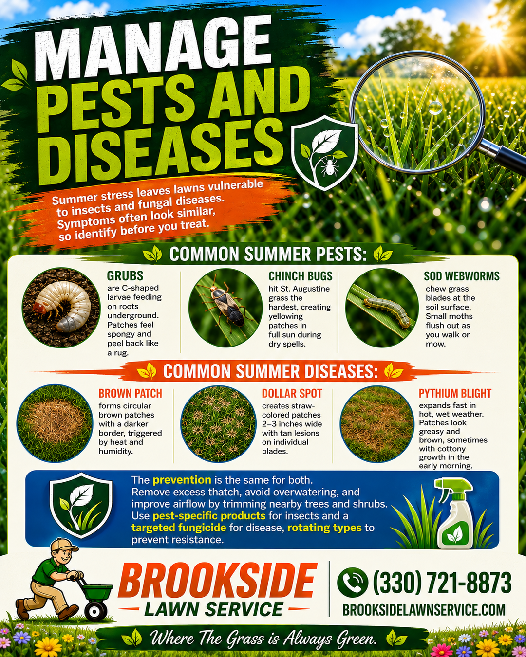 Manage Pests and Diseases In The Summer — Brookside Lawn Service infographic on grubs, chinch bugs, brown patch, dollar spot, and pythium blight