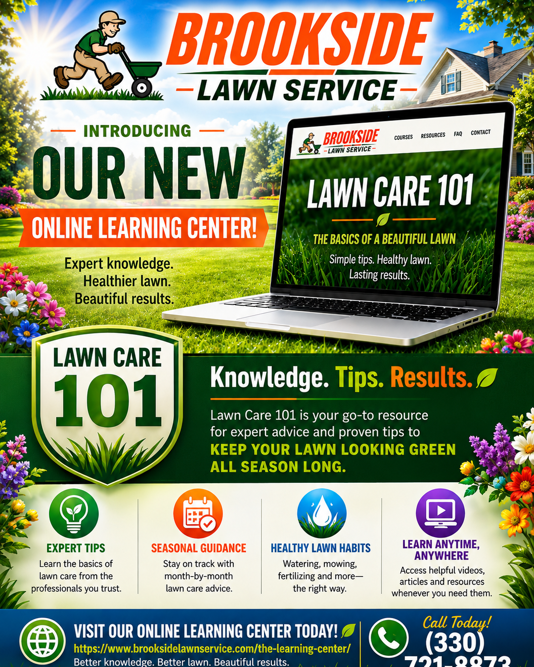 Introducing Our New Online Learning Center! — Brookside Lawn Service Lawn Care 101 promotional flyer