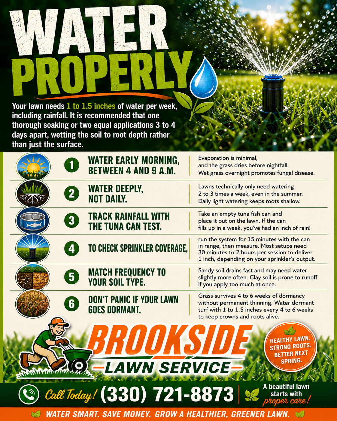 Water Properly — Brookside Lawn Service lawn watering tips infographic: water early morning, deeply not daily, tuna can test, sprinkler coverage, soil type, dormancy