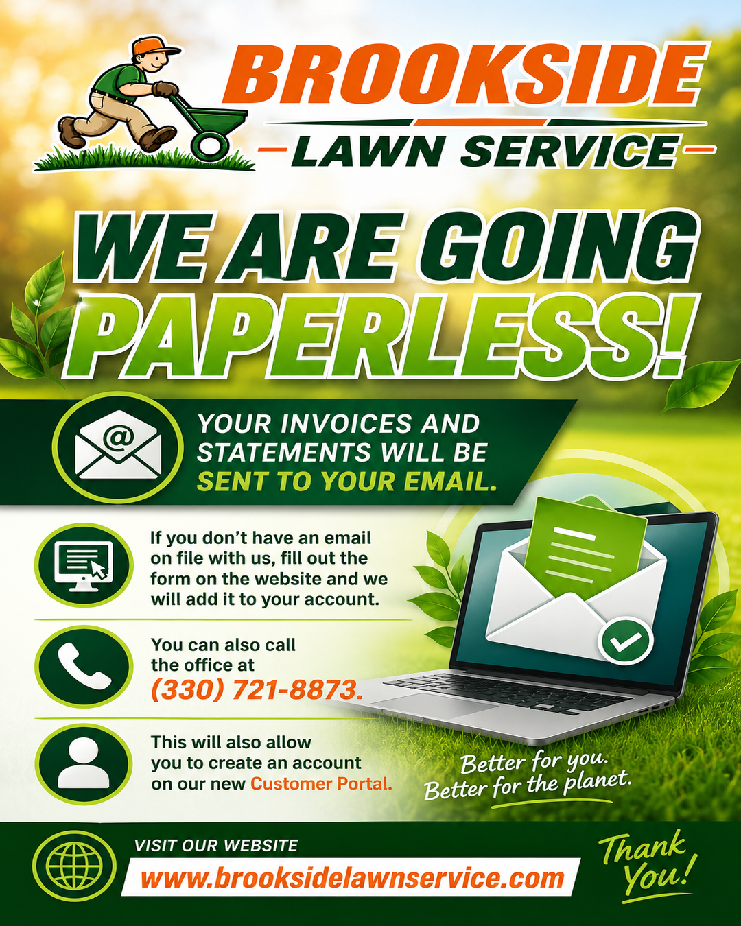 We're Going Paperless! — Brookside Lawn Service paperless billing announcement flyer
